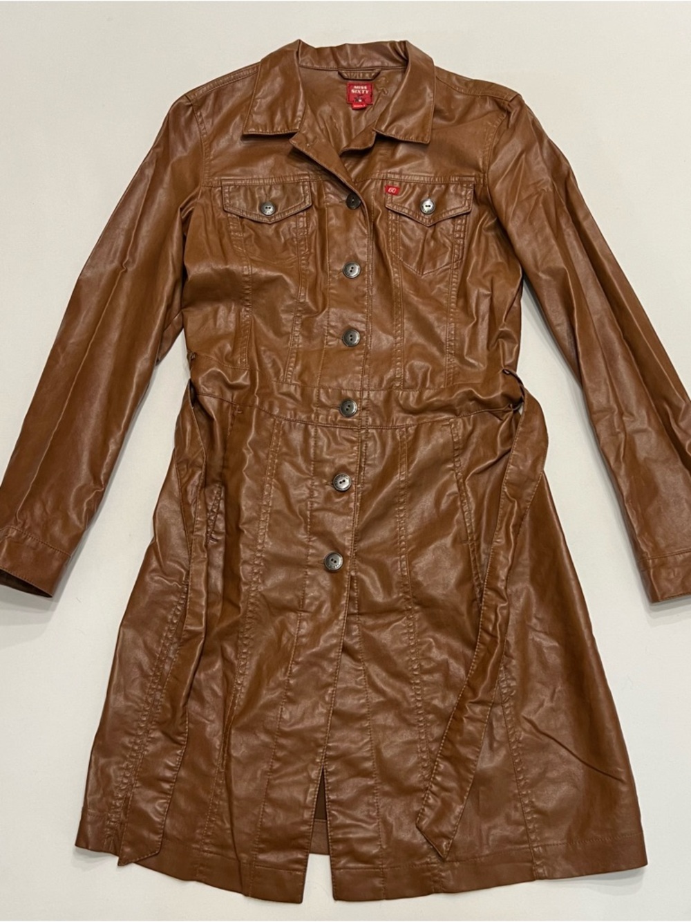 Y2K Miss Sixty Faux Leather Trench Coat Jacket Sz Med Belted Vintage Designer